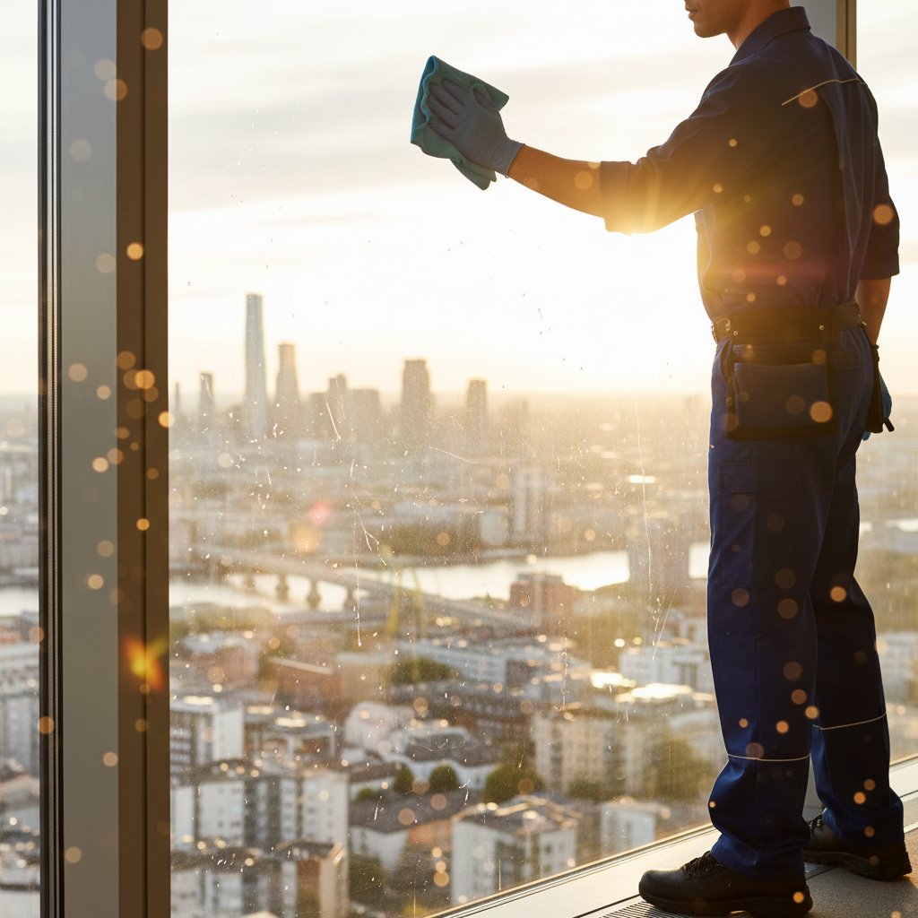 Professional cleaning team working in modern London office space with equipment